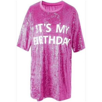 Sequin Dress - It's my Birthday Hot Pink with White (One Size)